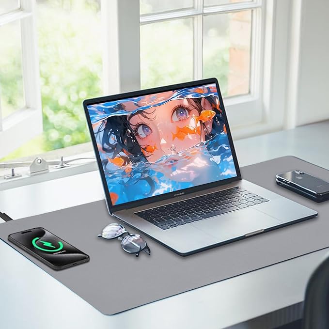 Desk Mat with Wireless Charging, Grey Mouse Pad with Wireless Charger, Desk Pad Matt for Desktop, Mousepad Gaming Large Mouse Pad, Leather Compute for Keyboard and Mouse, 32" x 16"