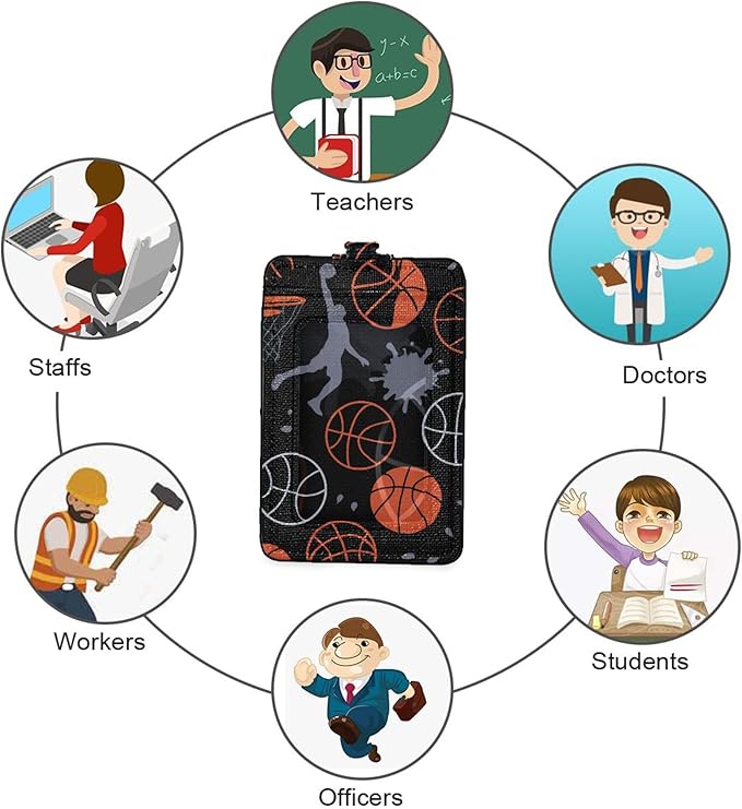 Badge Holder, Basketball Theme PU Leather School College Business ID Badge Card Holder Wallet Case with 1 Clear Window, 2 Credit Card Slots and Detachable Neck Lanyard - Vertical