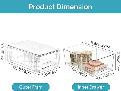Vtopmart 2 Pack Stackable Storage Drawers,Clear Acrylic Drawer Organizers with Handles, Easily Assemble Containers for Fridge, Bathroom,Kitchen Undersink,Cabinet,Pantry Organization and Storage