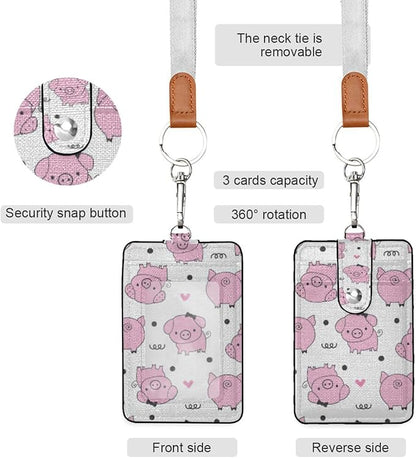 Moudou Pig ID Badge Holder with Lanyard, Vertical Leather ID Badge Card Holder for Office Staff, School Teacher and Student