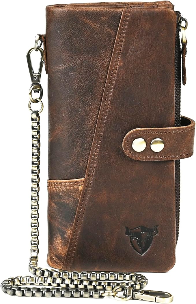 Genuine Crazy Horse Leather Travel Gift Coin Pocket Card Case Long Organizer Chain Rfid Wallet Purse With Snap For Men Male 1803 1815 (1803 Green)