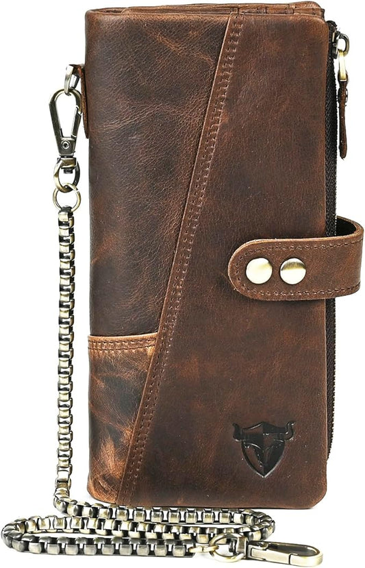 Genuine Crazy Horse Leather Travel Gift Coin Pocket Card Case Long Organizer Chain Rfid Wallet Purse With Snap For Men Male 1803 1815 (1803 Green)