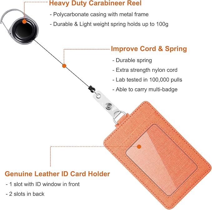 Life-Mate Badge Holder - Leather ID Badge Card Holder Wallet Case with 3 Cards Slot and Neck Lanyard/Strap. Additional Retractable Badge Reel with Belt Clip (Orange, Linen Finish)