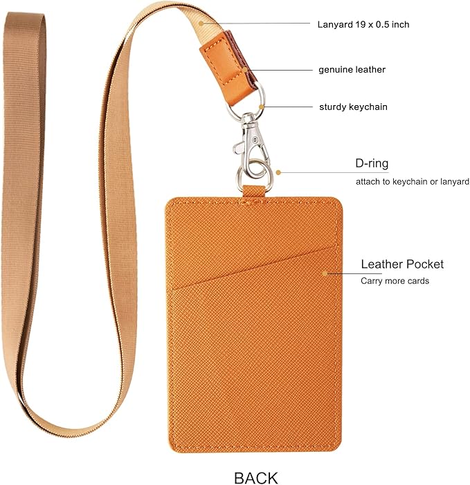 Leather ID Badge Holder,Slim Minimalist Elastic Credit Card Holder, Vertical Credit Card Holder for Men & Women with Neck Lanyard (Brown-A)