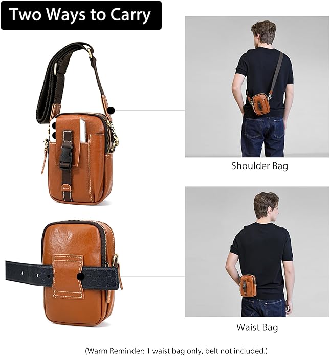 LANNSYNE Small Leather Messenger Bag, 3-in-1 Crossbody Shoulder Bag & Waist Belt Pouch, Sling Purse for Travel Business