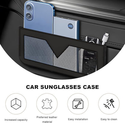 Car Sunglasses Case, PU Leather Pocket Self-Adhesive Storage Pouch for Vehicle Door Window Console, Multifunctional Vehicle Interior Organizer for Glasses Phones Wallets Keys (Black)