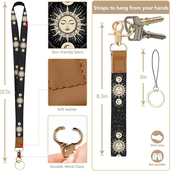bolimoss Sun and Moon Badge Holder & Lanyard Wallet Removable Lanyards for Teacher Womens Wallet with Wristlet & Neck Lanyard, Clear Window, 5 Card Slots, Pocket,1 Side Zipper Pocket, Ring Keychain