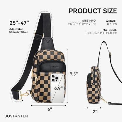 BOSTANTEN Sling Bag Quilted Crossbody Bags for Women Cross Body Purse Leather Fanny Pack with Adjustable Guitar Strap