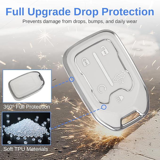 for GMC Key Fob Cover - TPU Key Shell Case Protector Compatible with Chevy Silverado and GMC Sierra 1500 2500HD 3500HD 5 Buttons Smart Remote Key, White