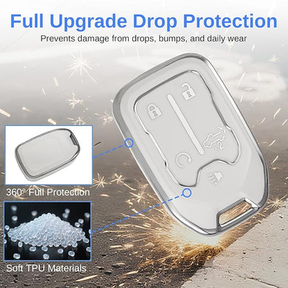 for GMC Key Fob Cover - TPU Key Shell Case Protector Compatible with Chevy Silverado and GMC Sierra 1500 2500HD 3500HD 5 Buttons Smart Remote Key, White