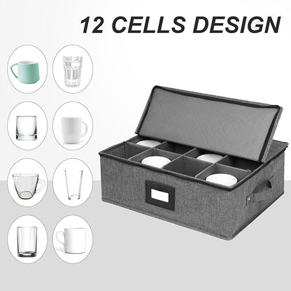 Mayniu 2 Pack Mug Storage Box with Dividers, Hard Top Cup Storage Containers for Coffee Mug & Tea Cup, Stackable Coffee Mug Storage Organizer with Zipper Lid & Rivet Reinforced Handles – Black