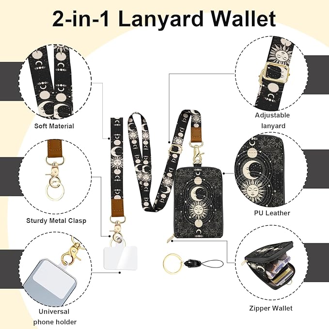 PU Leather Lanyard Wallet with ID Badge Holder with 1 Zip Pocket and 3 Card Slots Keychain Phone Lanyard Wrist Strap, RFID Blocking, for Office School Business-Sun and Moon