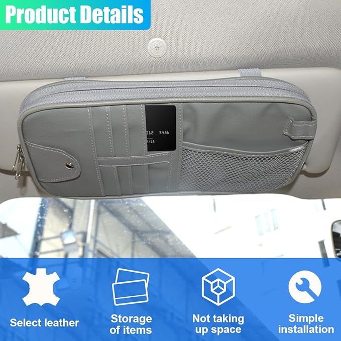 ZIMISI Car Visor Organizer, Double Zipper Sunglass Holder with Elastic Bands, PU Leather Car Storage Holder, Multi-Pocket Storage Pouch, Sun Visor Organizer for Most Cars (Grey)