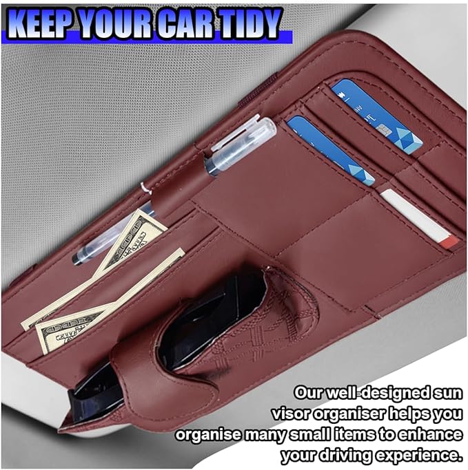 Car Sun Visor Organizer, Vehicle Sunglasses Holder, Automotive Storage Pocket for Pen, Glasses, Ticket, Card, Auto Interior Accessories Pocket for Car, SUV, Truck (Red)