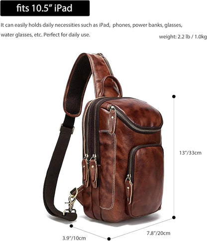 LANNSYNE Vintage Full Grain Leather Sling Bag Crossbody Chest Daypack | Vintage, Full Grain, Leather, Chest