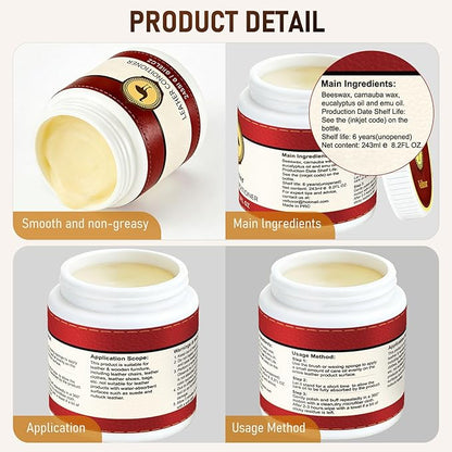 Leather Furniture Repair Salve 8.2oz, with Natural Emu Oil - Polisher, Moisturizer, Restorer for Couch and Furniture - Leather Cleaner and Conditioner for Wood/Vinyl/Handbags/Car Seats/Shoes