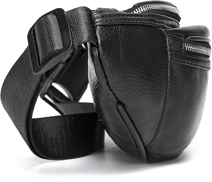 Black Leather Fanny Pack for Men & Women, Fashionable Multi-Pockets Waist Belt Bag for Travel Sports Hiking Cycling Fishing Running