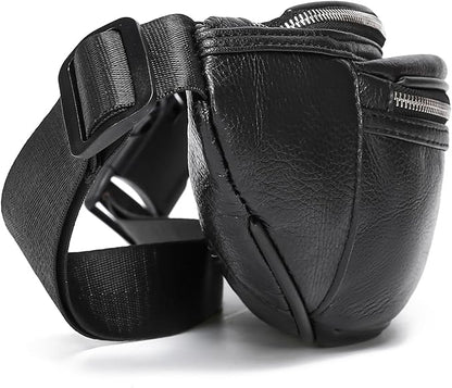 Black Leather Fanny Pack for Men & Women, Fashionable Multi-Pockets Waist Belt Bag for Travel Sports Hiking Cycling Fishing Running