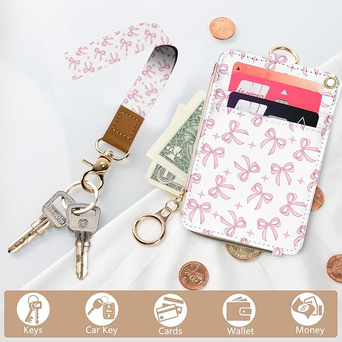 bolimoss Pink Bow Lanyard Wallet, Cute ID Badge Holder with Breakaway Neck & Wristlet Keychain Lanyards, Pu Leather Multiple Zip Id Case Wallet for Women Office Teacher Student Workers