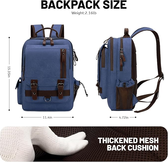 Lanola Water-resistant Canvas Backpack with Anti-Theft Pocket, Daypacks Fits 15.6 Inch Laptop for Men Perfect for Work, Travel, Daily Use(Dark Blue)