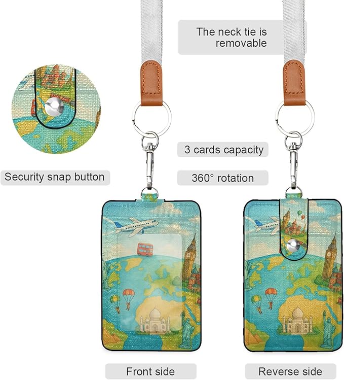 Badge Holder, Travel The World PU Leather School College Business ID Badge Card Holder Wallet Case with 1 Clear Window, 2 Credit Card Slots and Detachable Neck Lanyard - Vertical