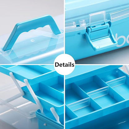 Kinsorcai 12'' Three-Layer Clear Art Box Organizer, Multipurpose Plastic Craft Box with Handle (Blue)