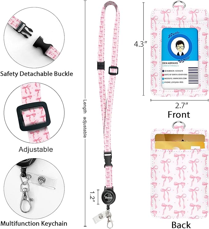 bolimoss Pink Bow Lanyard with ID Holder, Cute Leather ID Name Badge Card Holder with Adjustable Retractable Lanyards, Breakaway Lanyards with Swivel Metal Clasp for Women Nurse Teacher