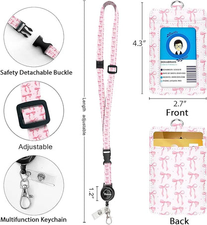 bolimoss Pink Bow Lanyard with ID Holder, Cute Leather ID Name Badge Card Holder with Adjustable Retractable Lanyards, Breakaway Lanyards with Swivel Metal Clasp for Women Nurse Teacher