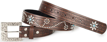 INOGIH Adjustable-Vintage-Western-Cowboy-Belt Women Men - Cowboy-Style Engraved-Buckle Belt for Jeans Pants Dresses