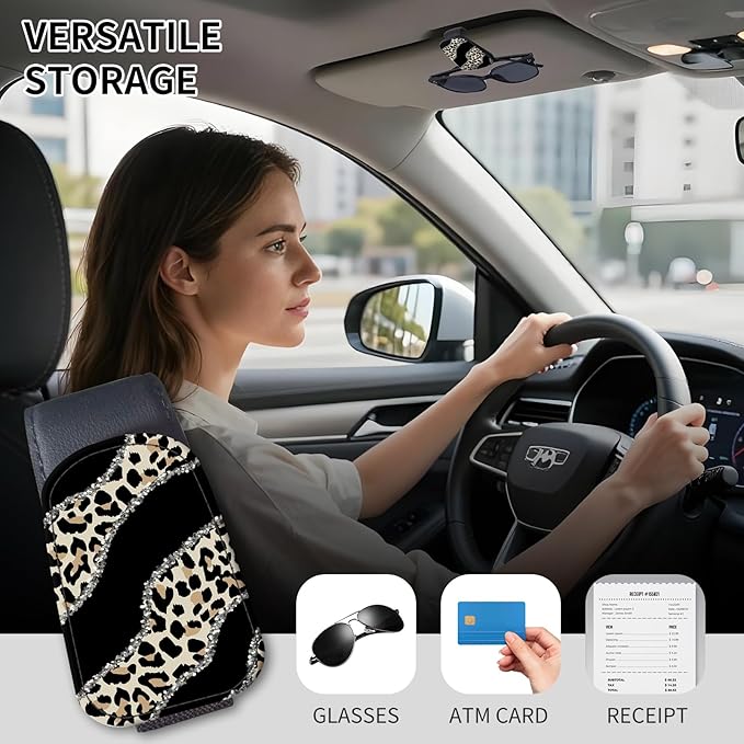 Sunglasses Holder for Car Visor, PU Leather Glasses Clip Organizer, Cute Magnetic Eyeglass Holder for Vehicle Sun Visor, Car Interior Accessory for Women & Men Shining Leopard Stripes