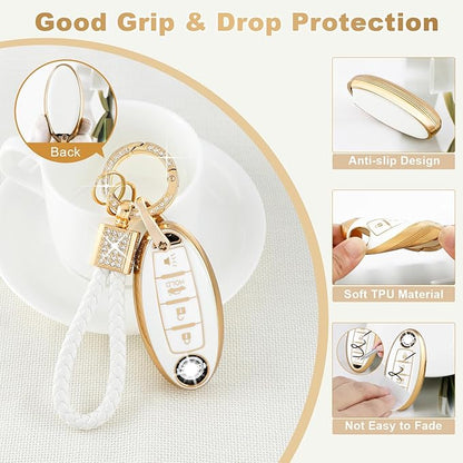 PIFOOG for Nissan Key Fob Cover Altima Rogue Sentra Murano Armada Pathfinder Accessories 4 Buttons Soft TPU White Gold Car Keys Case Shell Protecor Girly Women Cute
