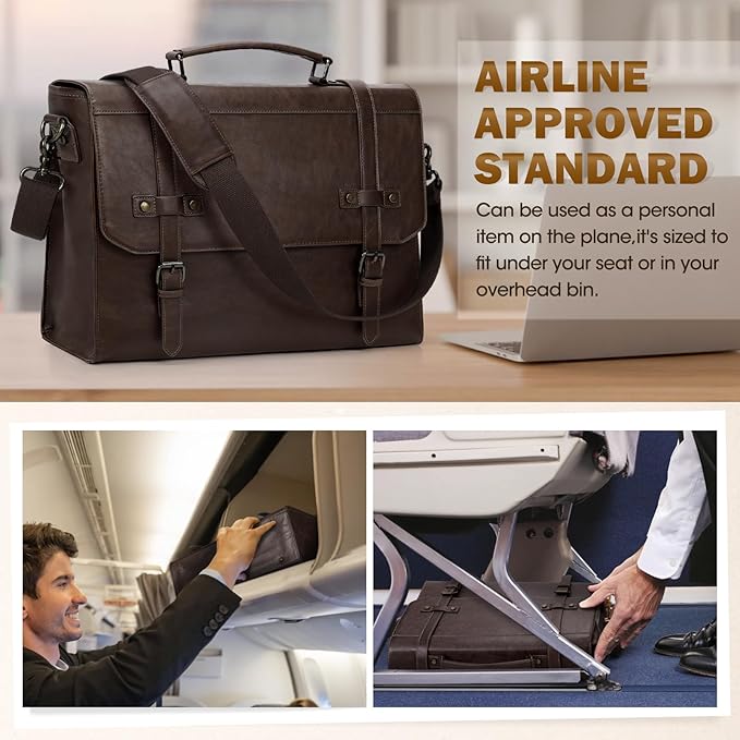 RAINSMORE Mens Messenger Bag 17 Inch Waterproof Vintage Leather Laptop Briefcase Large Laptop Bag Satchel Bag Computer Shoulder Bag for Office Business Travel College,Brown