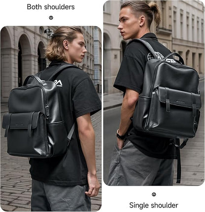 Leather Backpack For Men Fit 15" Laptop Waterproof Vintage Black Work Travel Flip Design Small Pu Backpack For Men Women Casual