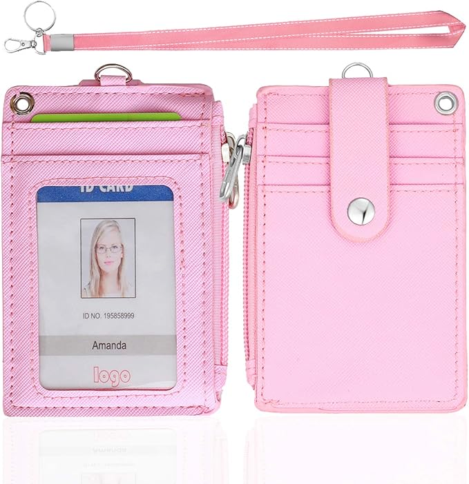 HASFINE ID Badge Holder with Lanyard,2 Sided 5 Card Slots ID Card Holder Wallet with PU Leather Zipper Pocket and Detachable Keychain Lanyard for Teens Women(Pink)