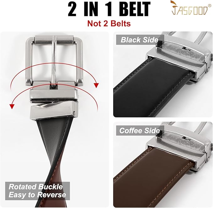 JASGOOD Men's Belt, Reversible Leather Belts for Men for Dress Pants, One Reverse For 2 Sides Casual Belt