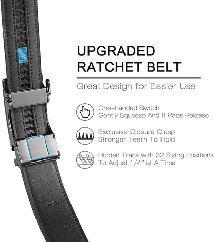 SENDEFN Men's Leather Belt Automatic Ratchet Buckle Slide Belt for Dress Casual Trim to Fit with Gift Box