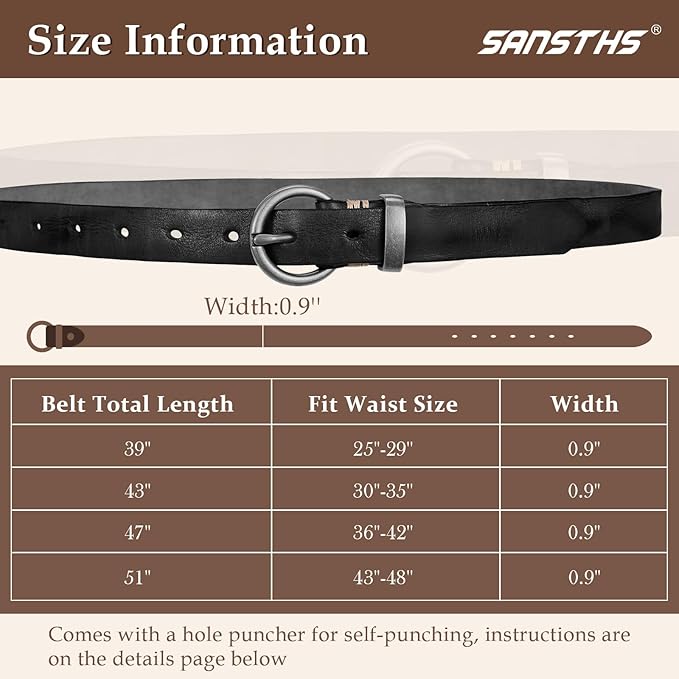 SANSTHS Womens Genuine Leather Belts for Jeans Pants Trendy Vintage Thin Leather Belt Gold Buckle Ladies Skinny Waist Belt