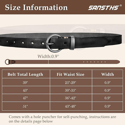 SANSTHS Womens Genuine Leather Belts for Jeans Pants Trendy Vintage Thin Leather Belt Gold Buckle Ladies Skinny Waist Belt