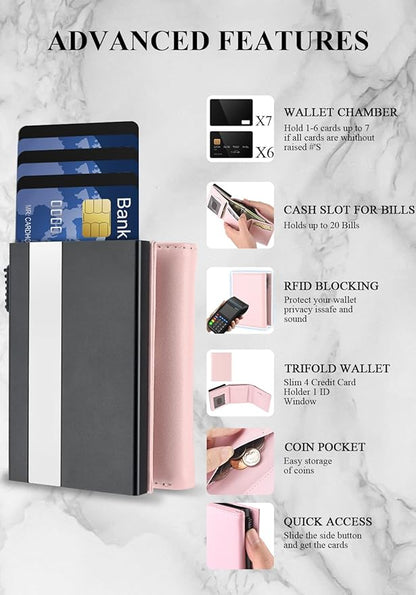 Small Wallet for Men-Pop Up Card Case,with Money Clip Slim Leather Slots Credit Card Holder RFID Blocking Trifold Minimalist Wallet with ID Window and Coin Purse(Pink Small Wallet for Men Gift