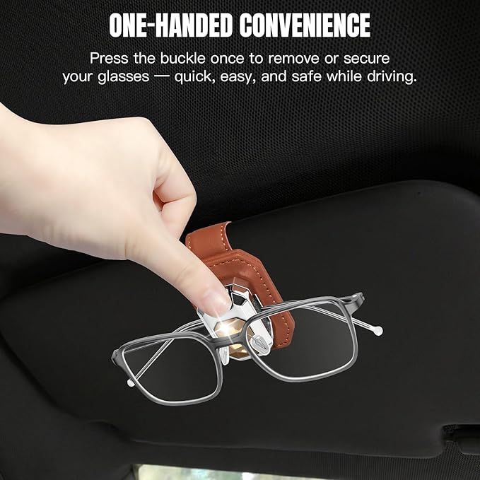 2PCS Sunglass Holder for Car Visor, Faux Leather Eyeglass Holder Clip for Car Sun Visor Organizer, Universal One Handed Operation Sun Glass Hanger, Car Interior Accessories for Women Man