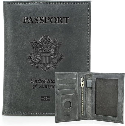 CONTACTS Full Grain Leather Passport Holder RFID Blocking Travel Passport Wallet Compatible with Airtag Passport Cover Case with 4 Cards Slots, Coin Pocket (Badge, Gray)