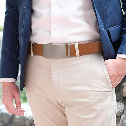 SENDEFN Men's Leather Belt Automatic Ratchet Buckle Slide Belt for Dress Casual Trim to Fit with Gift Box