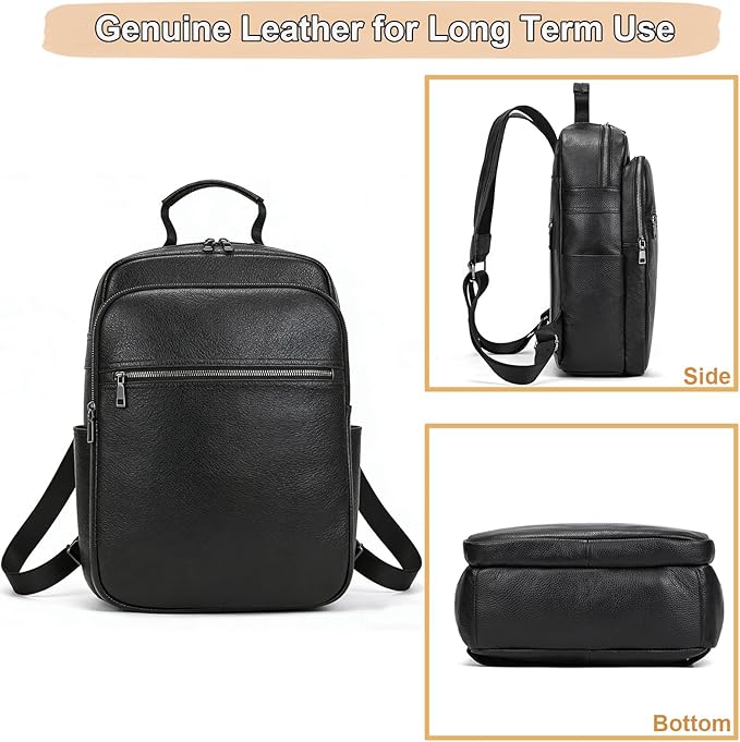 Genuine Leather 15.6 Inch Laptop Backpack for Men & Women, Business Commute Bag Daypack with Multi-Pockets for Travel Outdoor