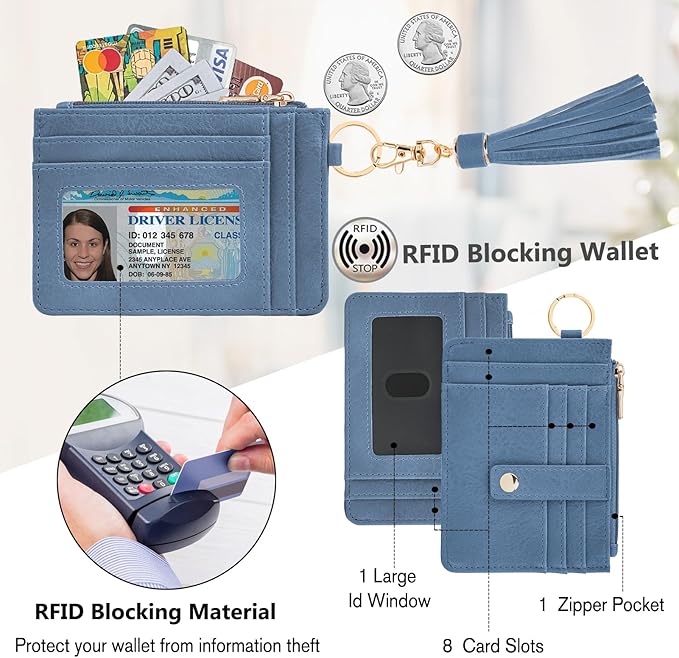 KNGITRYI Wallet Keychain Wristlet for Women,Slim RFID Credit Card Holder Purse Tassel Keychain Bangle Key Ring for Men Women