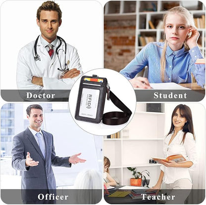 Badge Holder with Zipper Genuine Leather RFID Keychain Wallet Neck Lanyards with Swivel Hook for Card/Coin/Cash, Coffee