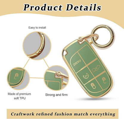 for Jeep Key Fob Cover Keychain Soft Full Protection Key Case Shell, Car Accessories for Man,Girls, Women, Compatible with Jeep Smart Key 3 4 5 Buttons Protector(Green)
