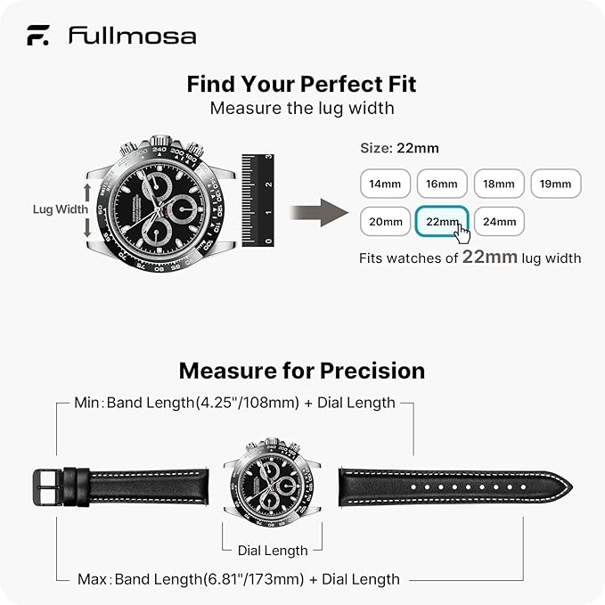 Fullmosa Watch Band, Quick Release Leather Watch Strap for Men Women, Replacement Bands Width 12mm 14mm 16mm 18mm 19mm 20mm 21mm 22mm 24mm