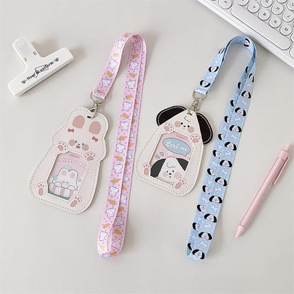 Cute Badge Holder Lanyard Cartoon Bunny ID Card Holder Kawaii ID Badge Keys Lanyard Strap Neck Lanyard PU Leather Badge Holder for Women Girls Boys (Bunny)