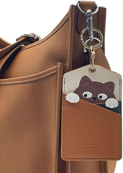 PU Leather ID Badge Holder with Keychain - Cartoon Animal Cute ID Badge Holder, 3 Card Slots for Professionals, Students, Nurse Officer, School Women Girls Boys (Brown)