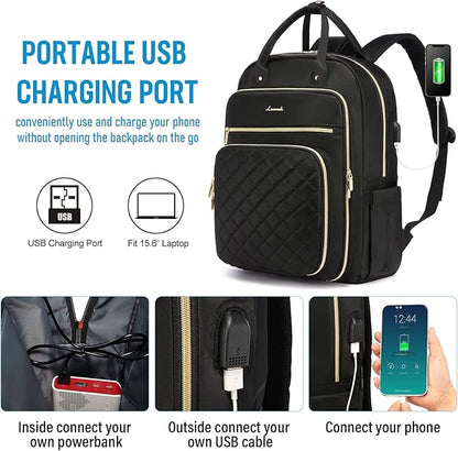 LOVEVOOK Laptop Backpack for Women, Water Resistant Travel Work Black Backpacks Purse Business Teacher Nurse Computer Bag with USB Charging Port, Fits 15.6" Laptop